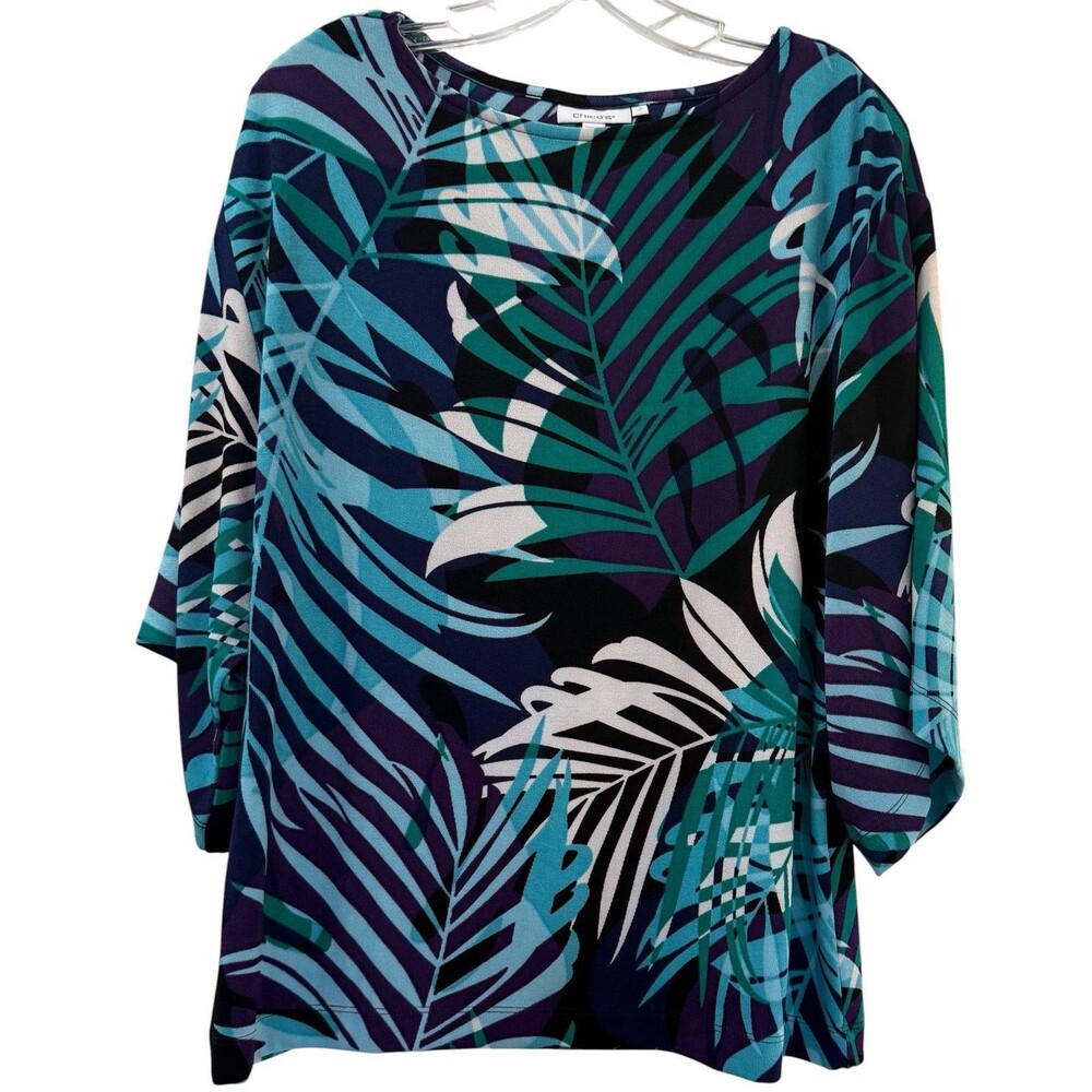 Chicos Tropical Palm Leaf Boat Neck Top Kimono Sleeve Large Blue Purple Boho